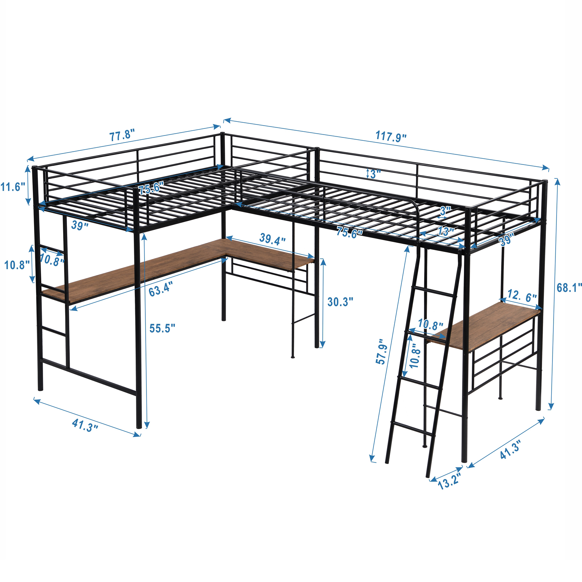 Twin Size Metal Loft Bed With Two Built-in Desks 7 Twin Size Metal Loft Bed With Two Built-in Desks