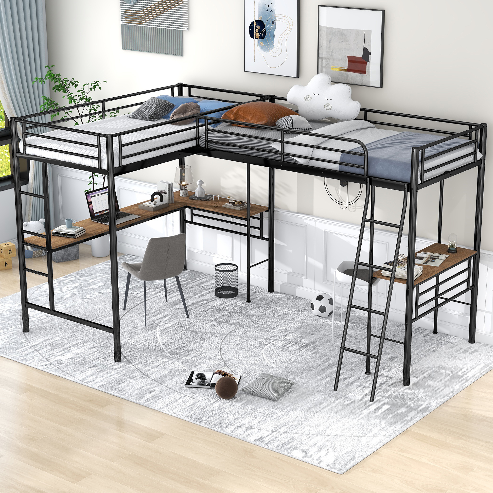 Twin Size Metal Loft Bed With Two Built-in Desks 3 Twin Size Metal Loft Bed With Two Built-in Desks