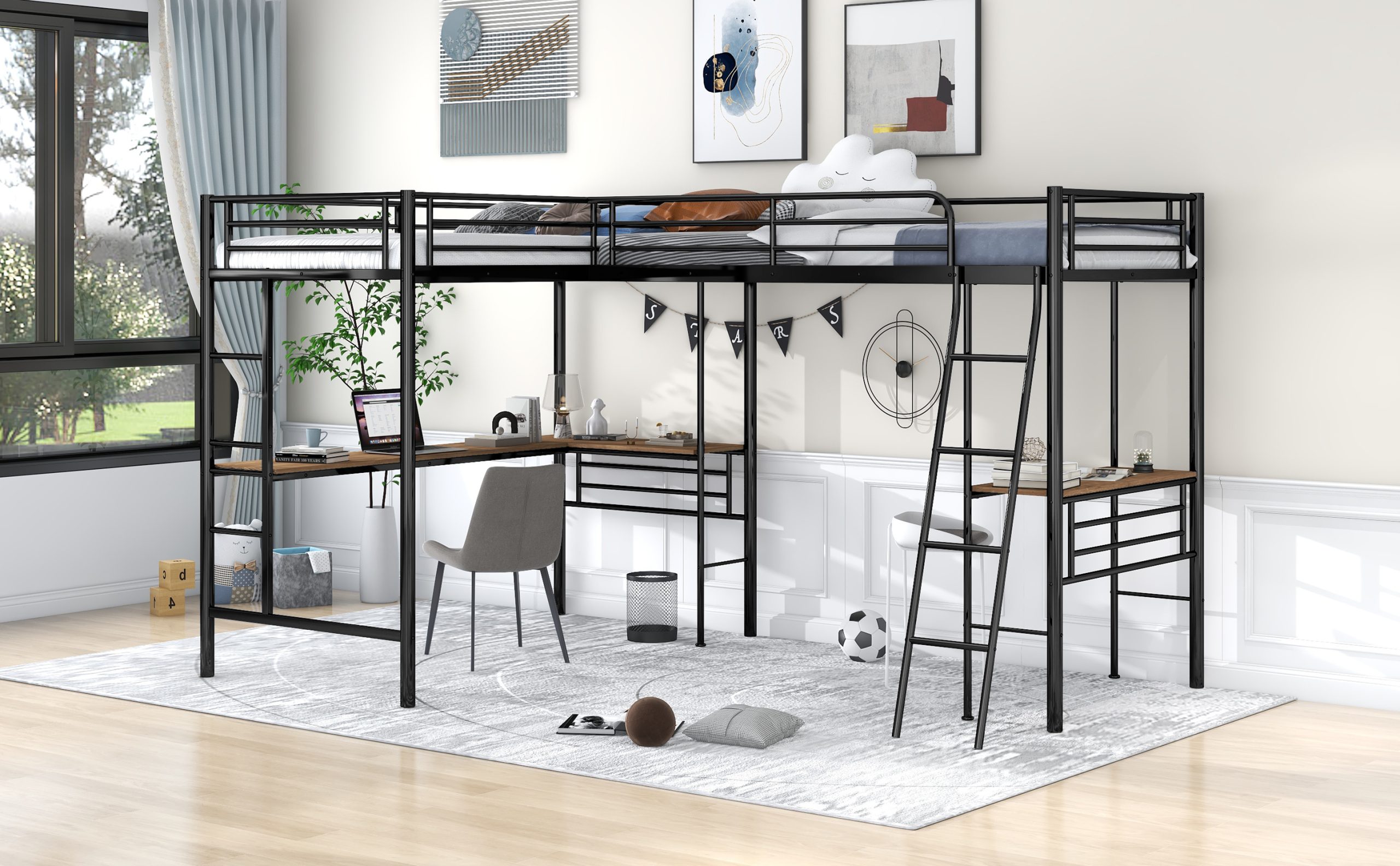 Twin Size Metal Loft Bed With Two Built-in Desks 6 Twin Size Metal Loft Bed With Two Built-in Desks