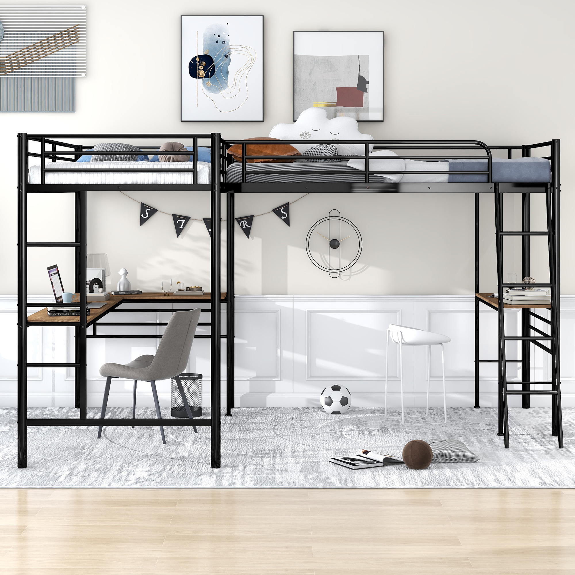 Twin Size Metal Loft Bed With Two Built-in Desks 5 Twin Size Metal Loft Bed With Two Built-in Desks