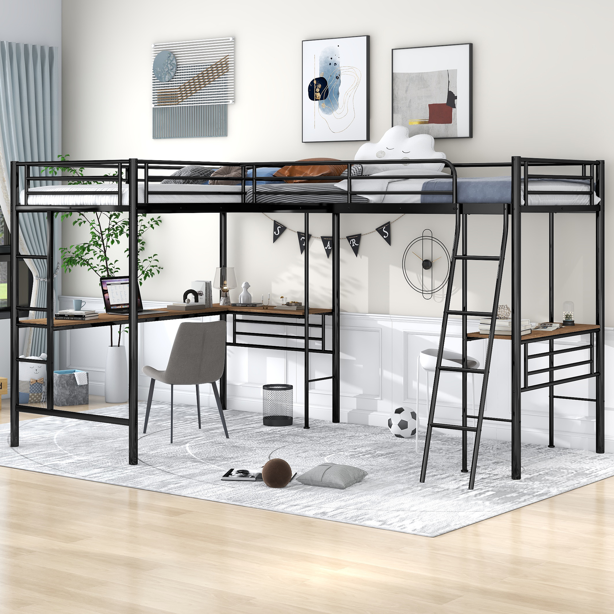 Twin Size Metal Loft Bed With Two Built-in Desks 4 Twin Size Metal Loft Bed With Two Built-in Desks