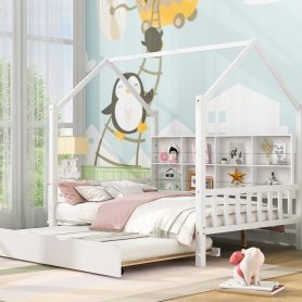 Wooden Full Size House Bed with Trundle