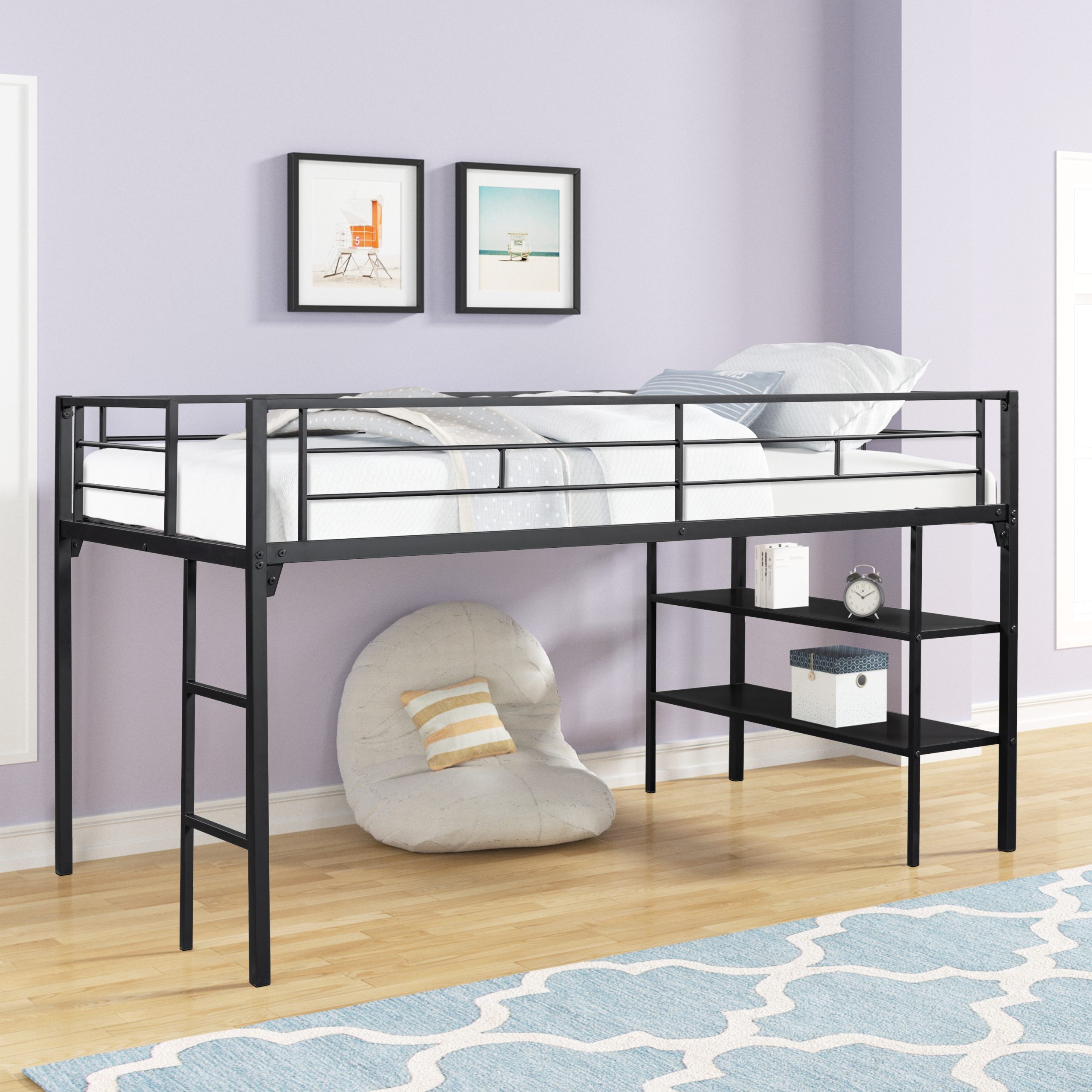 Low Loft Bed With Storage and Shelves