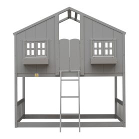House Shape Twin Over Twin Bunk Bed With Roof, Window And Ladder