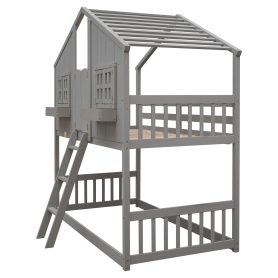 House Shape Twin Over Twin Bunk Bed With Roof, Window And Ladder