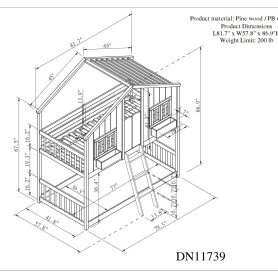 House Shape Twin Over Twin Bunk Bed With Roof, Window And Ladder