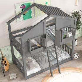 House Shape Twin Over Twin Bunk Bed With Roof, Window And Ladder