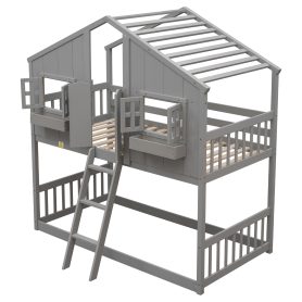 House Shape Twin Over Twin Bunk Bed With Roof, Window And Ladder