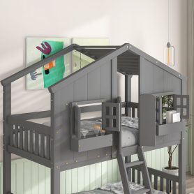 House Shape Twin Over Twin Bunk Bed With Roof, Window And Ladder