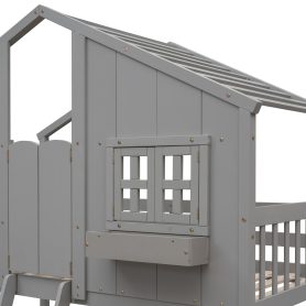 House Shape Twin Over Twin Bunk Bed With Roof, Window And Ladder