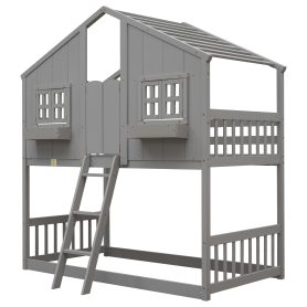 House Shape Twin Over Twin Bunk Bed With Roof, Window And Ladder