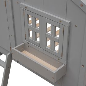 House Shape Twin Over Twin Bunk Bed With Roof, Window And Ladder