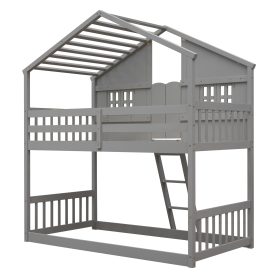 House Shape Twin Over Twin Bunk Bed With Roof, Window And Ladder