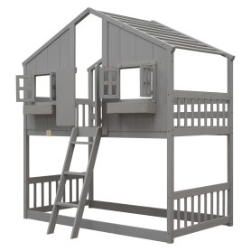 House Shape Twin Over Twin Bunk Bed With Roof, Window And Ladder