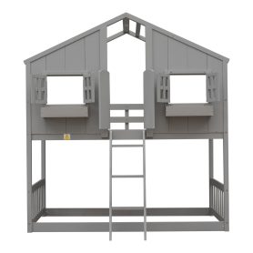 House Shape Twin Over Twin Bunk Bed With Roof, Window And Ladder