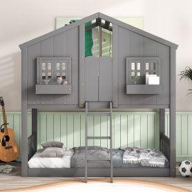 House Shape Twin Over Twin Bunk Bed With Roof, Window And Ladder