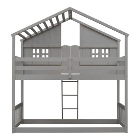 House Shape Twin Over Twin Bunk Bed With Roof, Window And Ladder