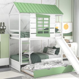 Twin over Twin Size House Bunk Bed with Convertible Slide and Trundle 20 Twin over Twin Size House Bunk Bed with Convertible Slide and Trundle