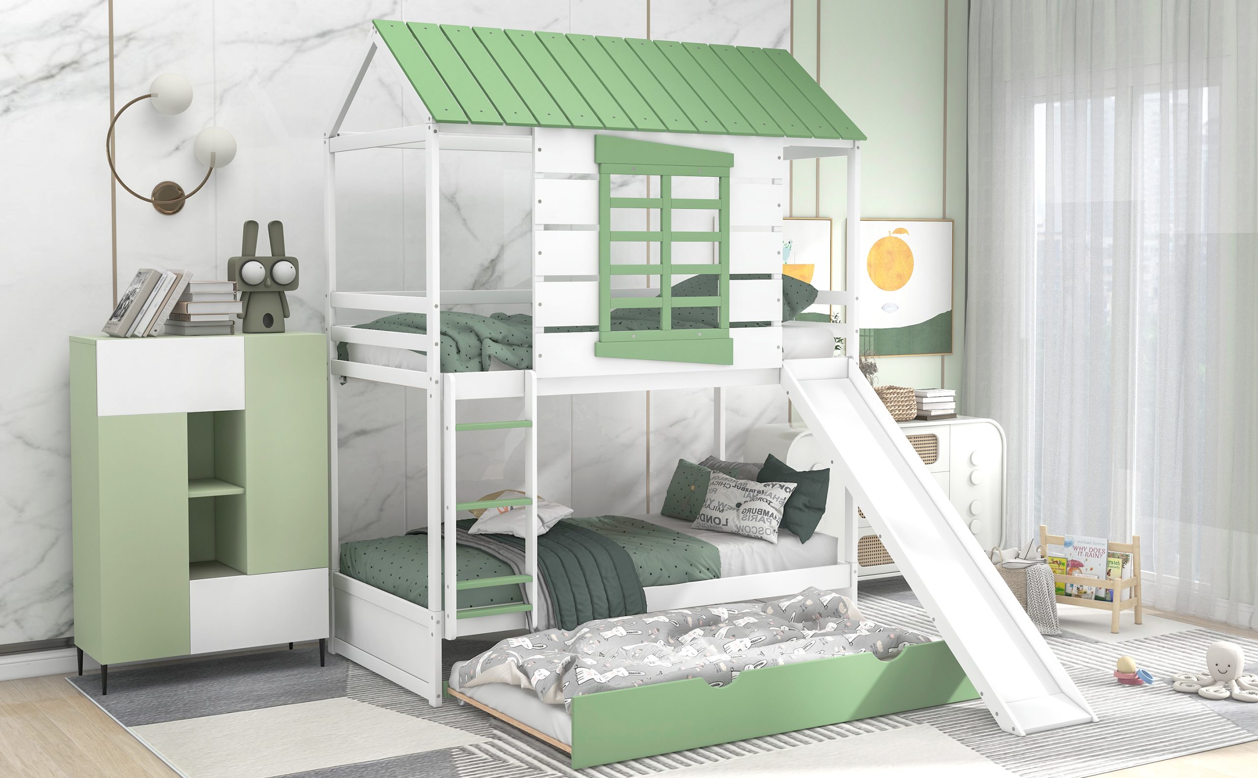 Twin over Twin Size House Bunk Bed with Convertible Slide and Trundle 6 Twin over Twin Size House Bunk Bed with Convertible Slide and Trundle