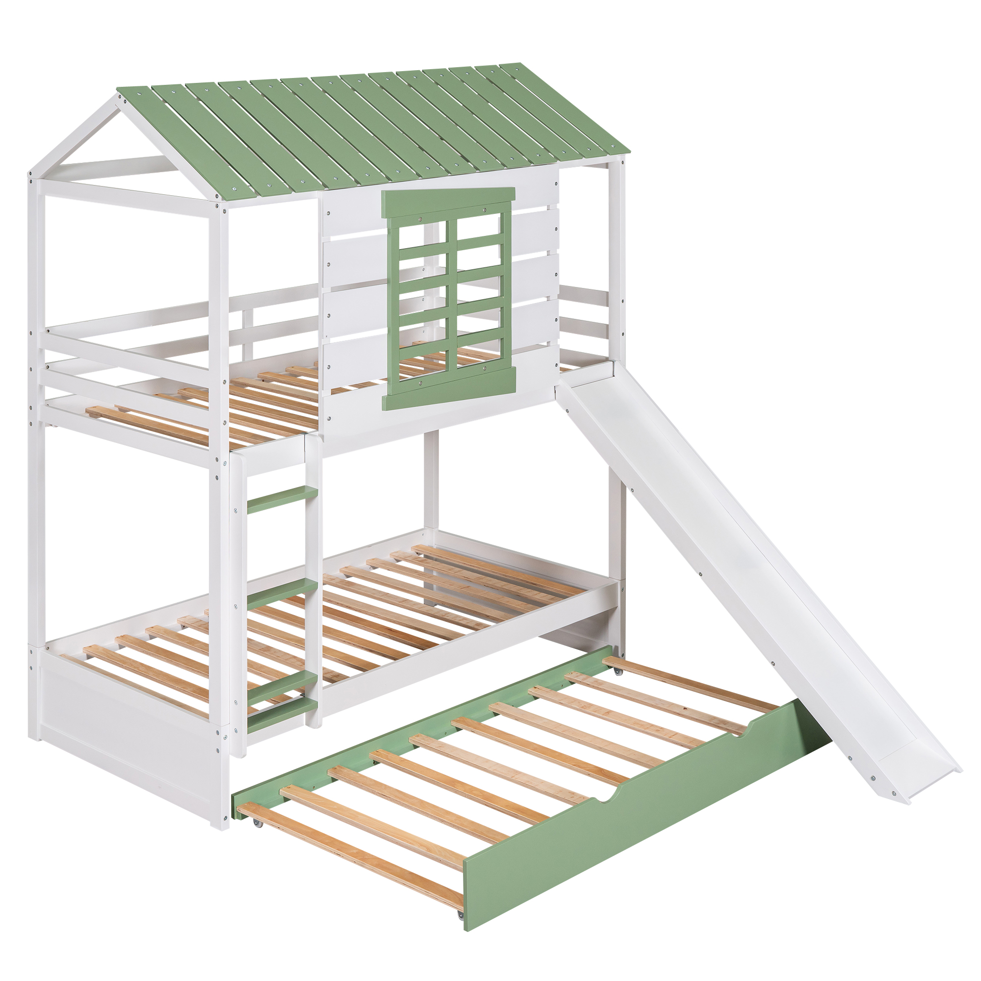 Twin over Twin Size House Bunk Bed with Convertible Slide and Trundle 8 Twin over Twin Size House Bunk Bed with Convertible Slide and Trundle