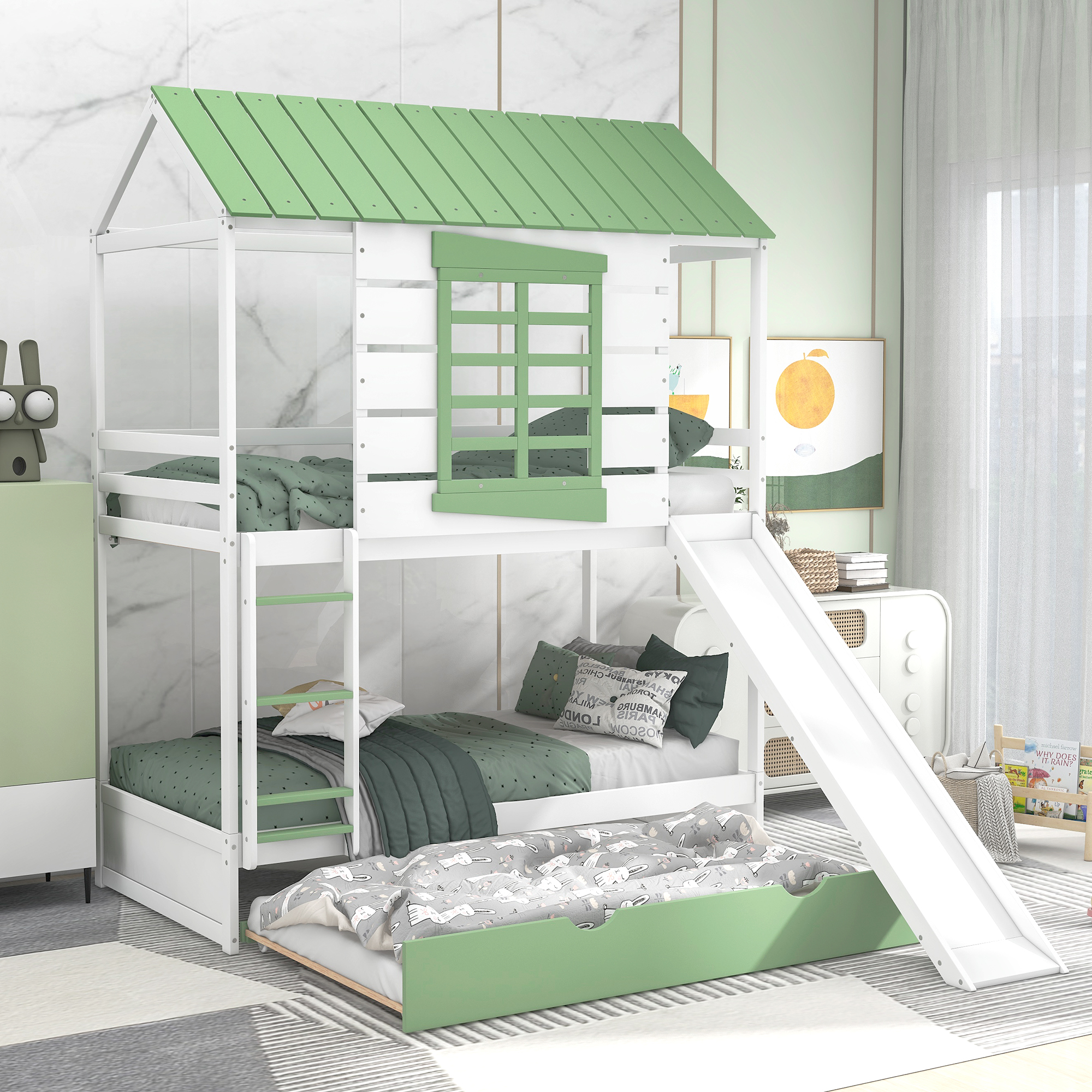 Twin over Twin Size House Bunk Bed with Convertible Slide and Trundle 3 Twin over Twin Size House Bunk Bed with Convertible Slide and Trundle