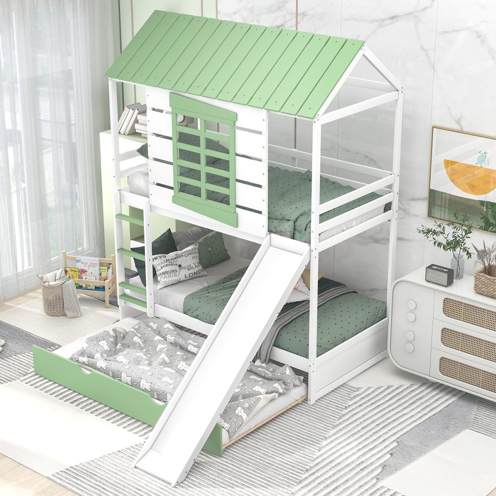 Twin over Twin Size House Bunk Bed with Convertible Slide and Trundle ...