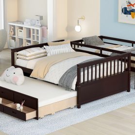 Wooden Twin over Full Bunk Bed With Twin Size Trundle and 3 Drawers