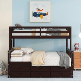 Wooden Twin over Full Bunk Bed With Twin Size Trundle and 3 Drawers