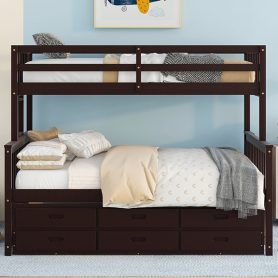 Wooden Twin over Full Bunk Bed With Twin Size Trundle and 3 Drawers
