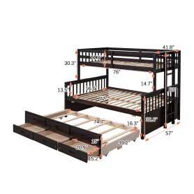 Wooden Twin over Full Bunk Bed With Twin Size Trundle and 3 Drawers