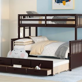 Wooden Twin over Full Bunk Bed With Twin Size Trundle and 3 Drawers