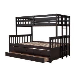 Wooden Twin over Full Bunk Bed With Twin Size Trundle and 3 Drawers