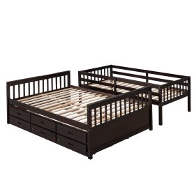 Wooden Twin over Full Bunk Bed With Twin Size Trundle and 3 Drawers