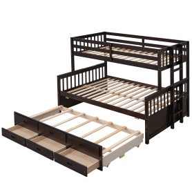 Wooden Twin over Full Bunk Bed With Twin Size Trundle and 3 Drawers