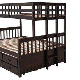 Wooden Twin over Full Bunk Bed With Twin Size Trundle and 3 Drawers