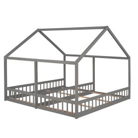 House Shape Twin Size Low Platform Beds, Two Shared Beds