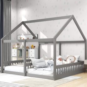 House Shape Twin Size Low Platform Beds, Two Shared Beds