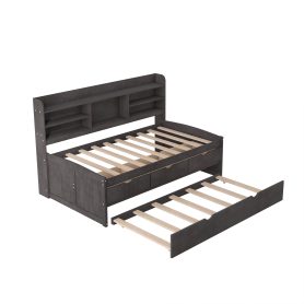 Twin Size Wooden Captain Bed with Built-in Bookshelves,Three Storage Drawers and Trundle