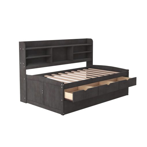 Twin Size Wooden Captain Bed with Built-in Bookshelves,Three Storage Drawers and Trundle