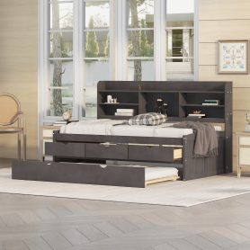 Twin Size Wooden Captain Bed with Built-in Bookshelves,Three Storage Drawers and Trundle