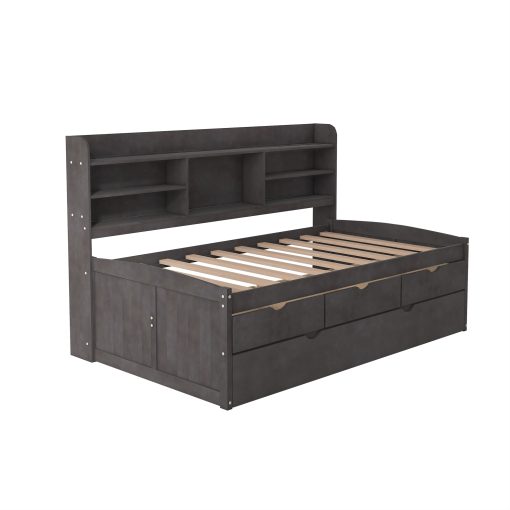 Twin Size Wooden Captain Bed with Built-in Bookshelves,Three Storage Drawers and Trundle