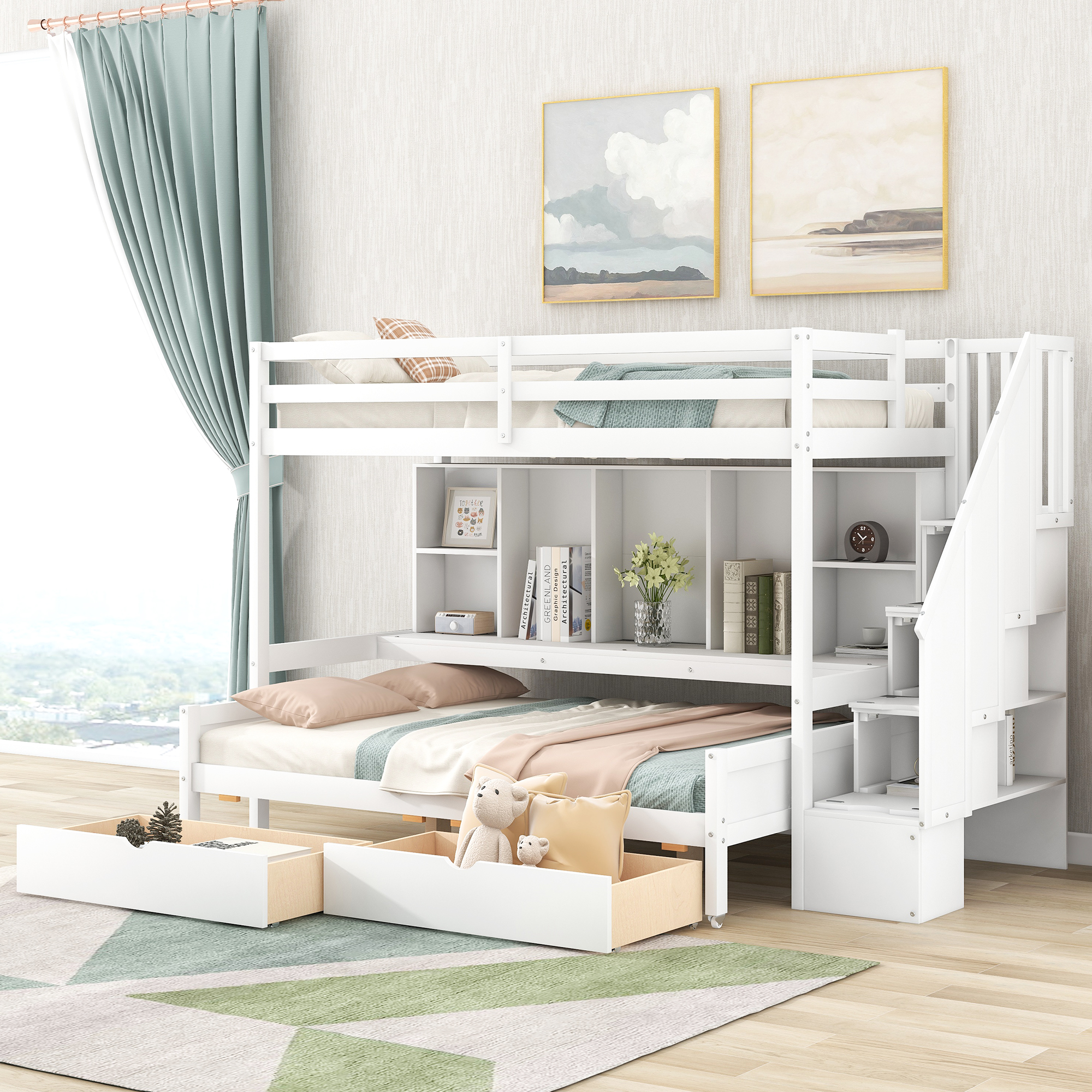 Twin Over Full Bunk Bed With Built-in Storage Shelves,drawers And Staircase,white