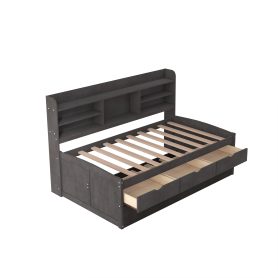 Twin Size Wooden Captain Bed with Built-in Bookshelves,Three Storage Drawers and Trundle