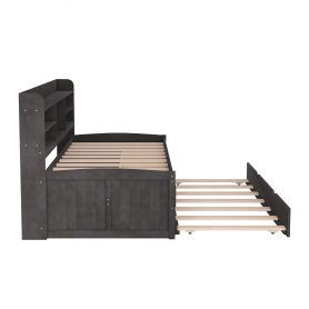 Twin Size Wooden Captain Bed with Built-in Bookshelves,Three Storage Drawers and Trundle