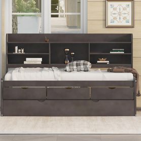 Twin Size Wooden Captain Bed with Built-in Bookshelves,Three Storage Drawers and Trundle