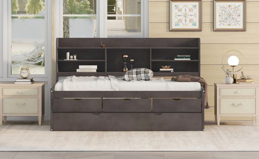 Twin Size Wooden Captain Bed with Built-in Bookshelves,Three Storage Drawers and Trundle