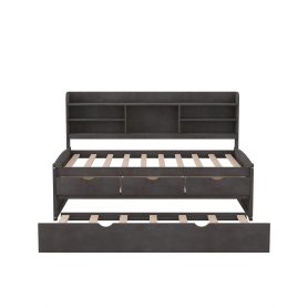 Twin Size Wooden Captain Bed with Built-in Bookshelves,Three Storage Drawers and Trundle