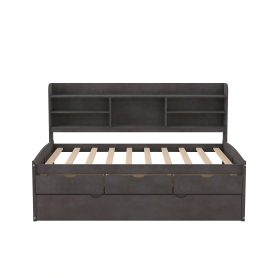 Twin Size Wooden Captain Bed with Built-in Bookshelves,Three Storage Drawers and Trundle