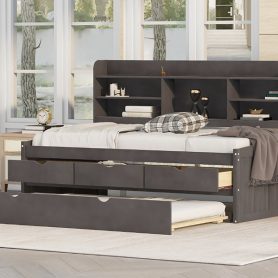 Twin Size Wooden Captain Bed with Built-in Bookshelves,Three Storage Drawers and Trundle