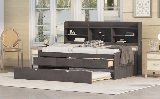 Twin Size Wooden Captain Bed with Built-in Bookshelves,Three Storage Drawers and Trundle